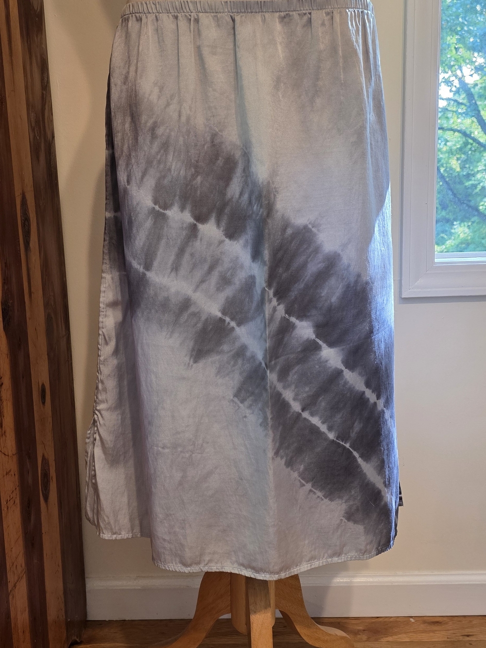 PURE JILL Tie-Dye Silk/Cotton Gray Midi Skirt with Elastic Waist Soft&Silky